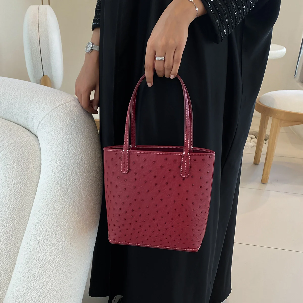Mini Tote Ostrich Leather / Burgundy - Image 6